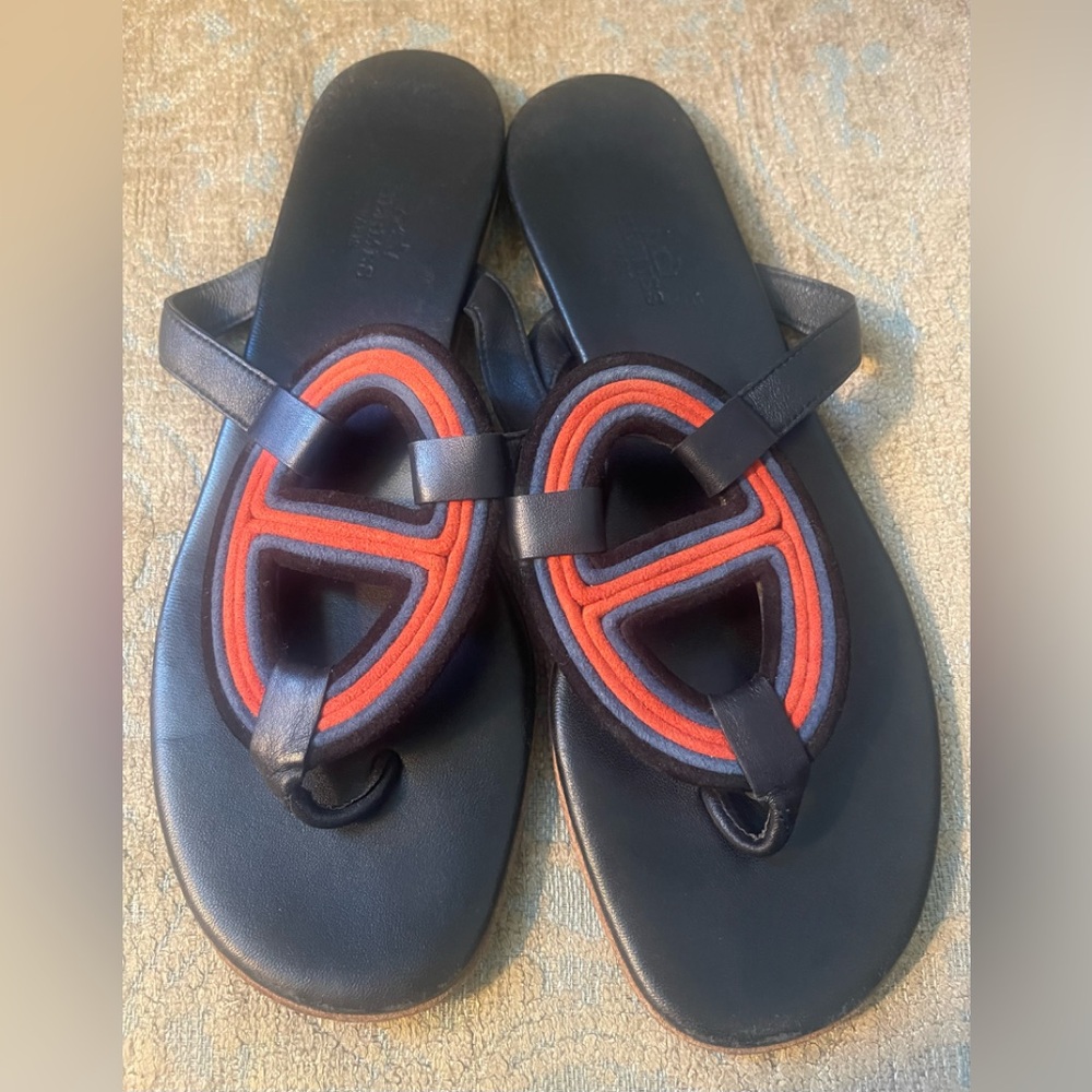 Hermes Mayotte Black Leather/Suede Sandal w/ Blue, Red, Black Suede Design